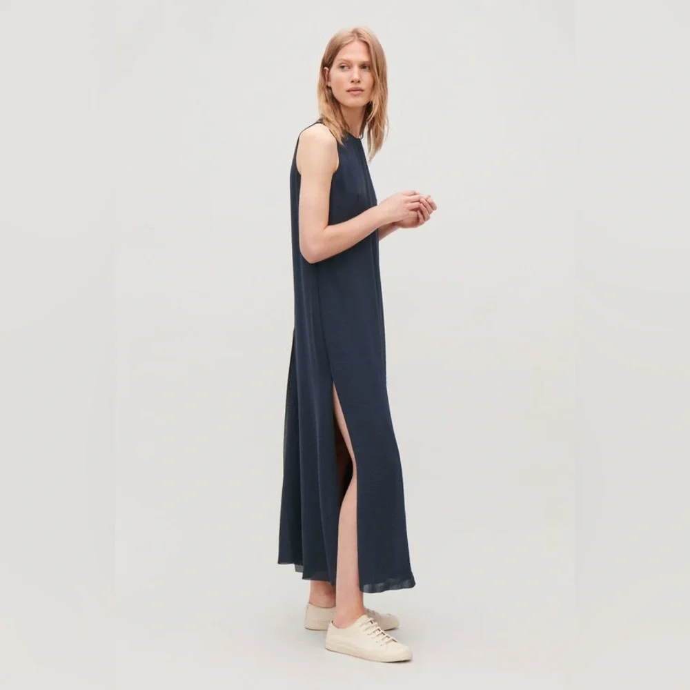 COS Black Sleeveless Maxi Dress Side Slit Minimalist Scandi Modern Size 4